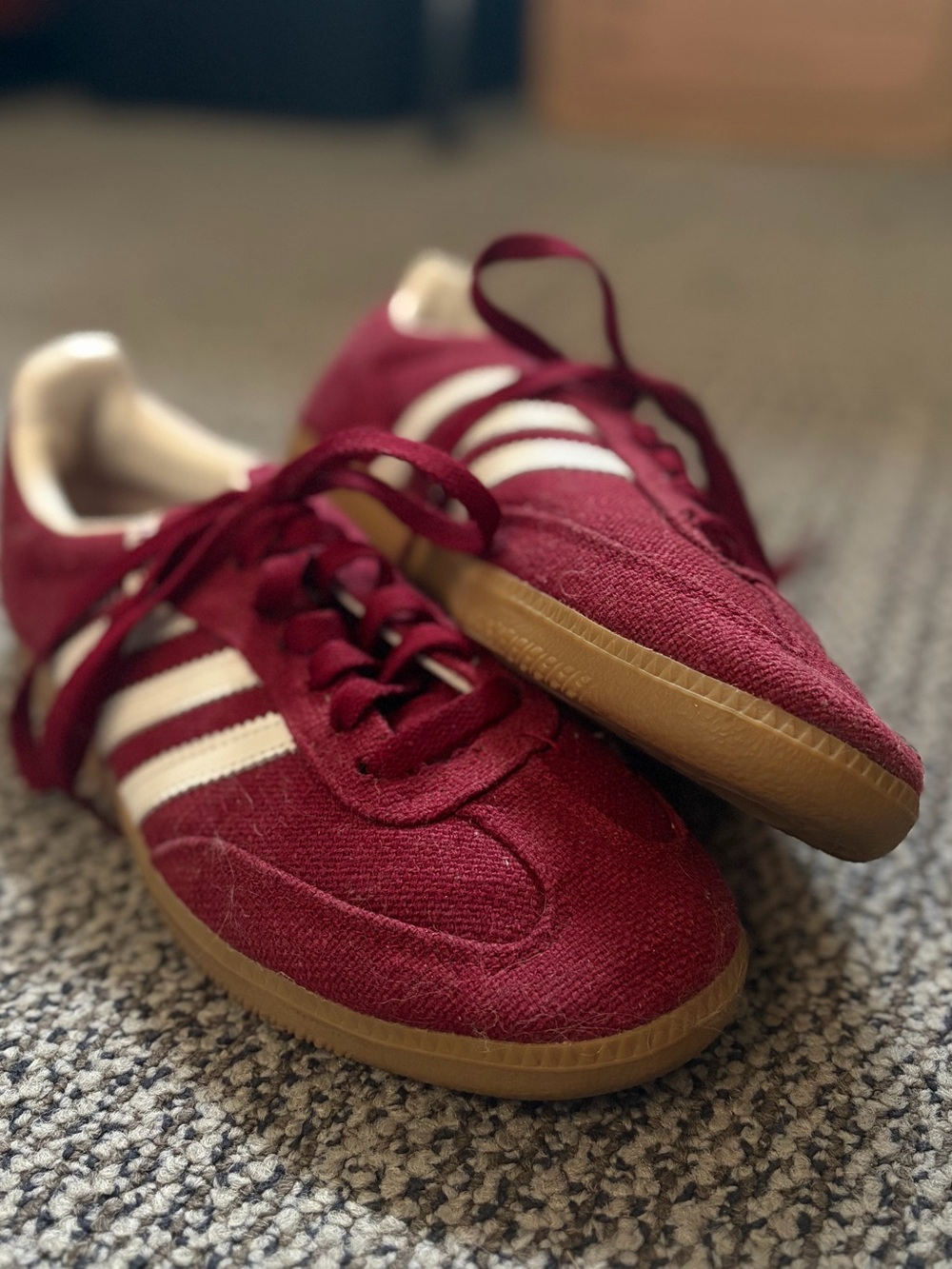Men's Burgundy Vintage Adidas Hemp Sambas with White Stripes and Gum Sole